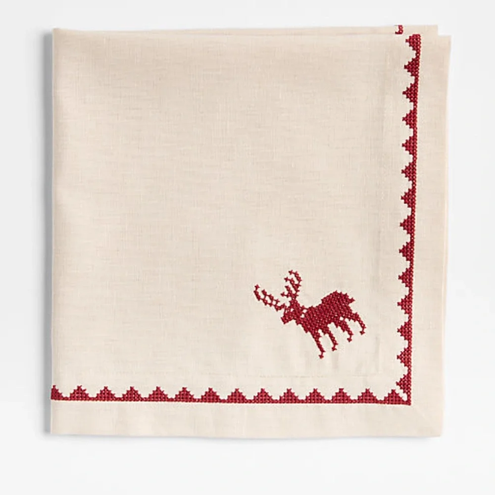 New! Crate&Barrel Red Cross Stitch Holiday Reindeer Dinner Napkins